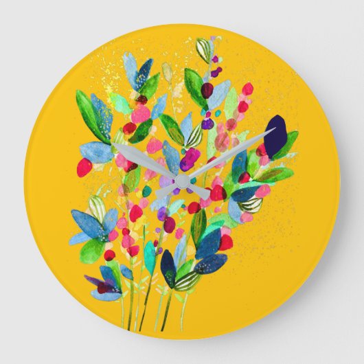 抽象芸術水色カラフルフローラ ラージ壁時計 (正面)