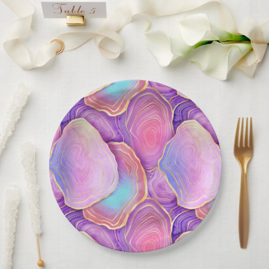 抽象芸術水色ピンクティール（緑がかった色）金ゴールドラベンダーアジト ペーパープレート (ウェディング)