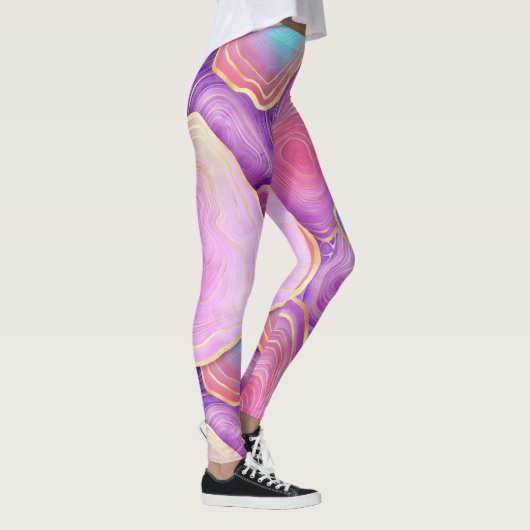 抽象芸術水色ピンクティール(緑がかった色)金ゴールドラベンダーアジト レギンス (右)