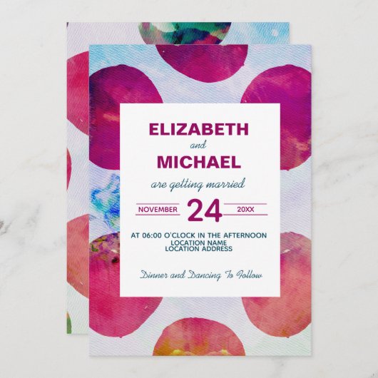 抽象芸術水色ピンク水玉模様 招待状 (正面/裏面)