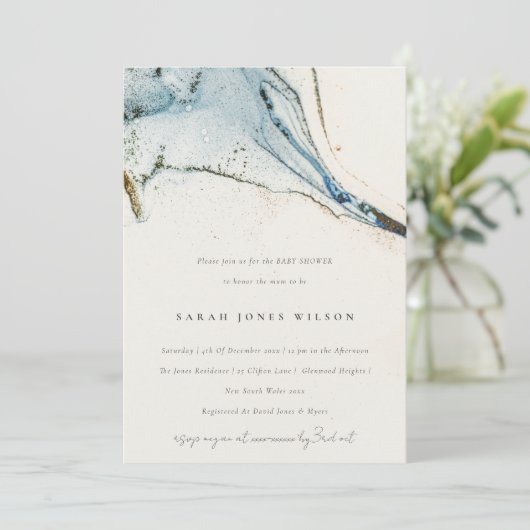 抽象芸術水色ブルー金ゴールドビーチベイビーベイビーシャワー 招待状 (スタンド正面)