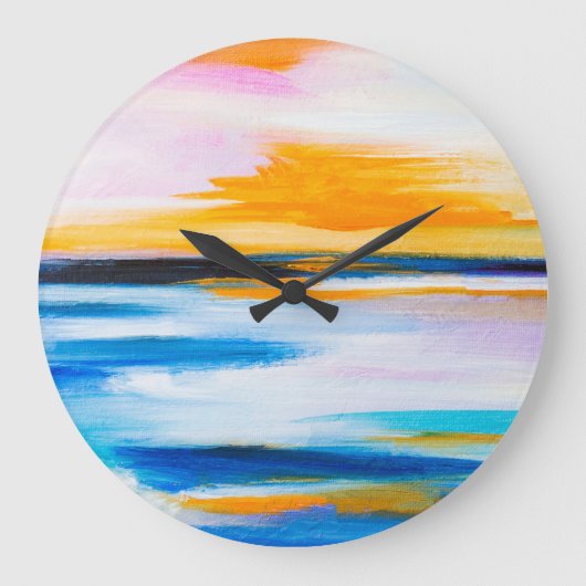 抽象芸術油の質感、夕日絵画の海。 ラージ壁時計 (正面)