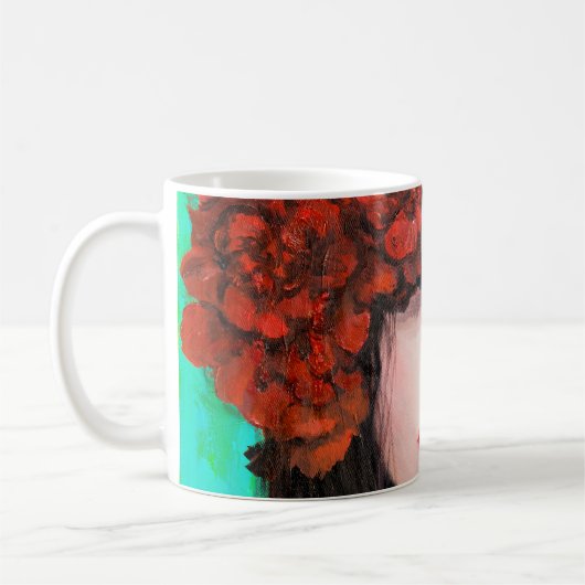 抽象芸術油絵で,女性の顔と赤rを表す コーヒーマグカップ (左)