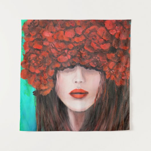 抽象芸術油絵で,女性の顔と赤rを表す タペストリー (正面)