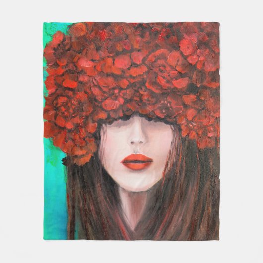 抽象芸術油絵で,女性の顔と赤rを表す フリースブランケット (正面)