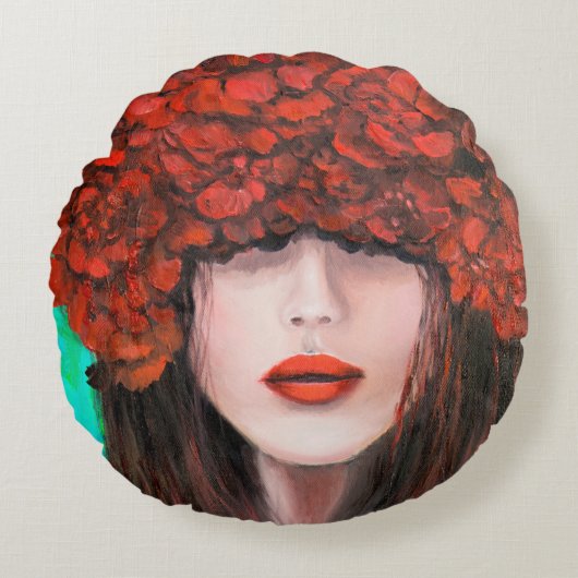 抽象芸術油絵で，女性の顔と赤rを表す ラウンドクッション (正面)