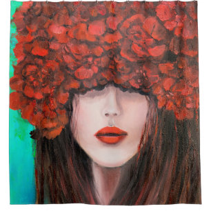 抽象芸術油絵画女性顔と赤r シャワーカーテン