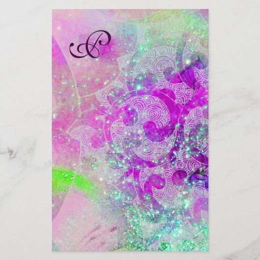 抽象芸術波ブルー，パープルピンク結婚ズモノグラム 便箋 (正面)