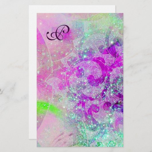 抽象芸術波ブルー,パープルピンク結婚ズモノグラム 便箋 (正面/裏面)