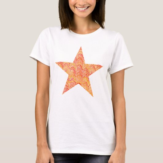 抽象芸術波星 – オレンジ、サンゴ、金ゴールド Tシャツ (正面)