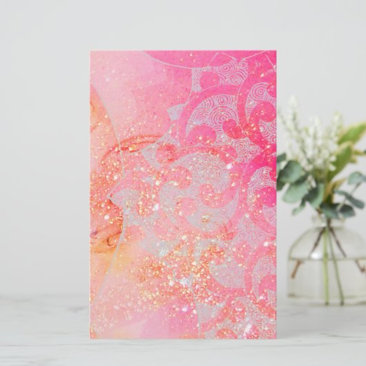 抽象芸術波L /金ゴールドピンクのきらめきと渦巻き 便箋 (スタンド正面)