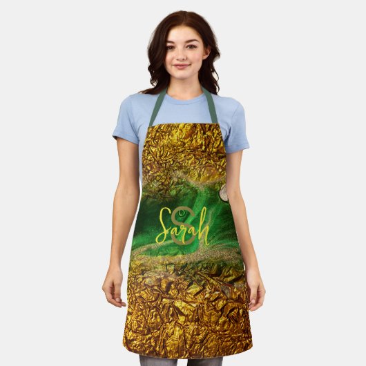 抽象芸術流体絵を描金ゴールド金属箔の緑の名前 エプロン (着用した状態)