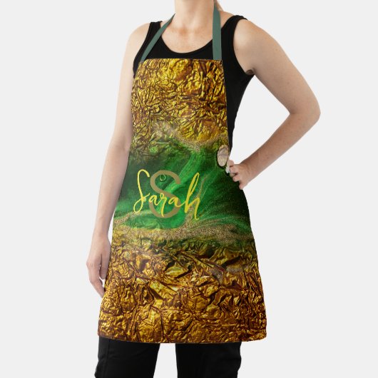 抽象芸術流体絵を描金ゴールド金属箔の緑の名前 エプロン (インサイチュ)