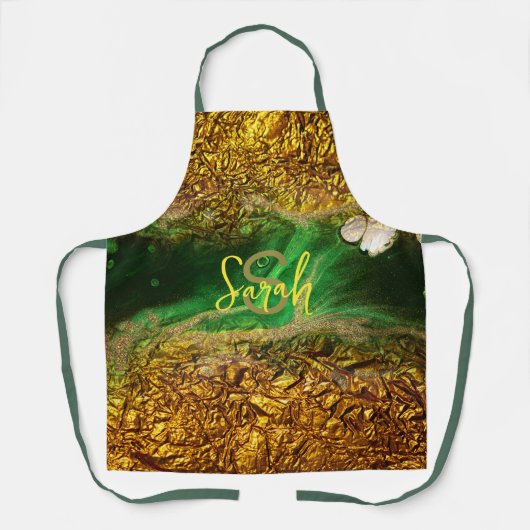 抽象芸術流体絵を描金ゴールド金属箔の緑の名前 エプロン (正面)