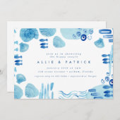 抽象芸術海ブルーシーシェルカップルブライダルシャワー 招待状 (正面/裏面)