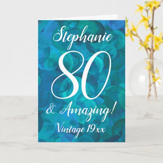 抽象芸術海ブルーティール(緑がかった色)80と素晴らしい誕生日 カード (黄色い花)