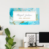 抽象芸術海ブルー金ゴールド水色爪、 ネイル（名前別） ポスター (ホームオフィス)