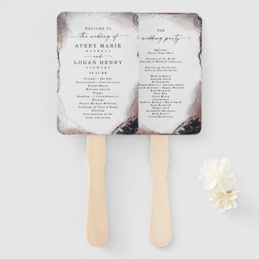 抽象芸術海軍バラ金ゴールド結婚の式典プログラム ハンドファン (正面&裏面)