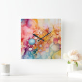 抽象芸術液体注液アートビーチビベス、ペブル細胞 スクエア壁時計 (ホーム)