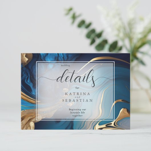 抽象芸術液体金ゴールドオンブルーマーブル エンクロージャーカード (スタンド正面)