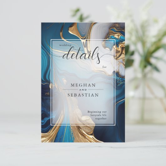 抽象芸術液体金ゴールドオンブルーマーブル エンクロージャーカード (スタンド正面)