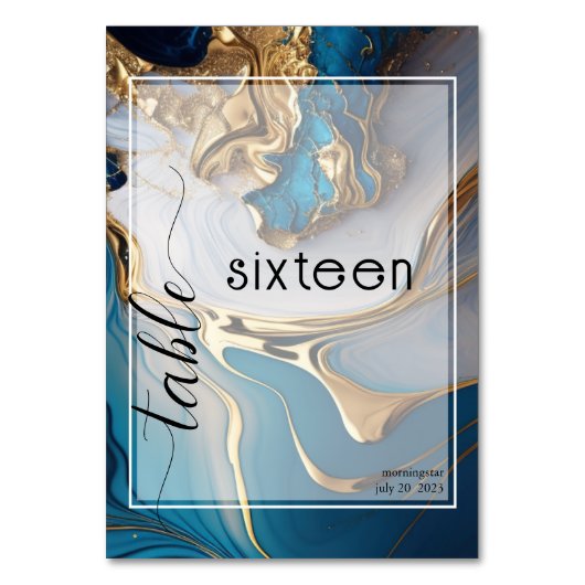 抽象芸術液体金ゴールドオンブルーマーブル テーブルナンバー (正面)