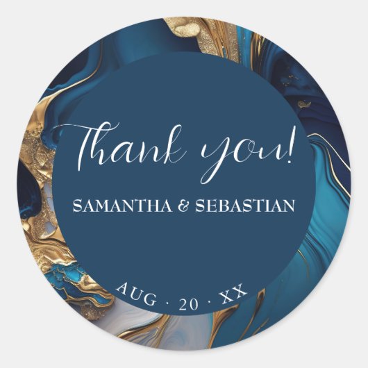 抽象芸術液体金ゴールドオンブルーマーブル ラウンドシール (正面)