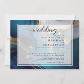 抽象芸術液体金ゴールドオンブルーマーブル 招待状 (正面)