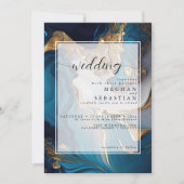 抽象芸術液体金ゴールドオンブルーマーブル 招待状 (正面)