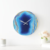 抽象芸術深いブルー及び金ゴールドマルブレッド化ジオード ラージ壁時計 (ホーム)