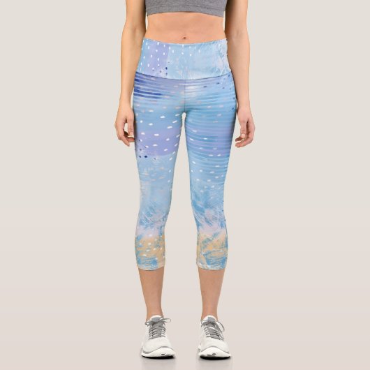 抽象芸術混合メディアブルーターコイズイエロー カプリレギンス (正面)