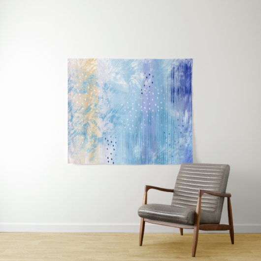 抽象芸術混合メディアブルーターコイズイエロー タペストリー (インサイチュ(横))