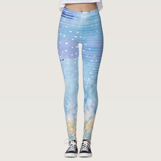 抽象芸術混合メディアブルーターコイズイエロー レギンス (正面)