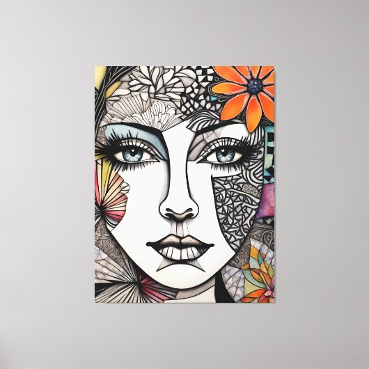 抽象芸術混合メディア女性顔 キャンバスプリント (正面)