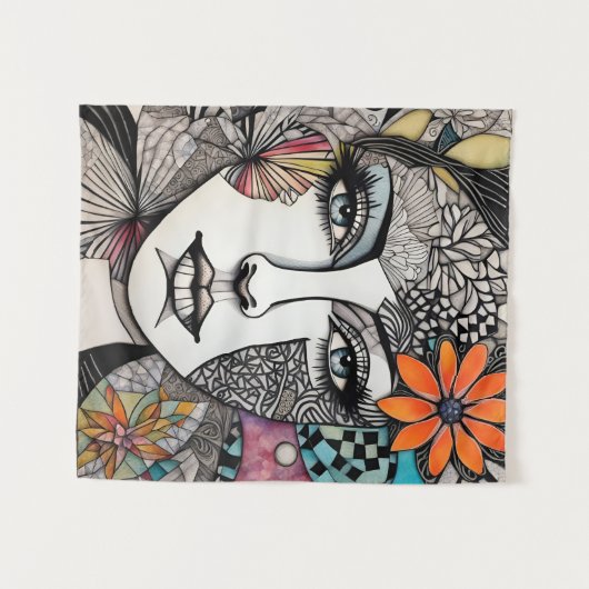 抽象芸術混合メディア女性顔 タペストリー (正面(横))