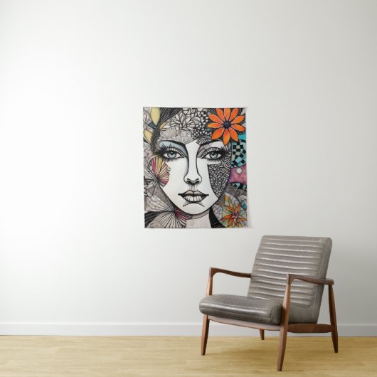 抽象芸術混合メディア女性顔 タペストリー (インサイチュ)