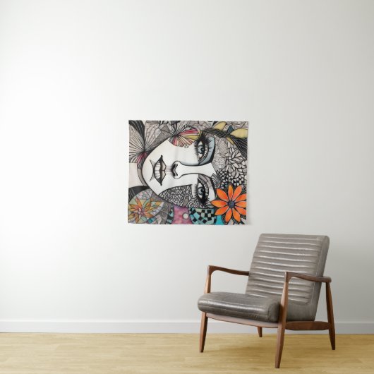 抽象芸術混合メディア女性顔 タペストリー (インサイチュ(横))