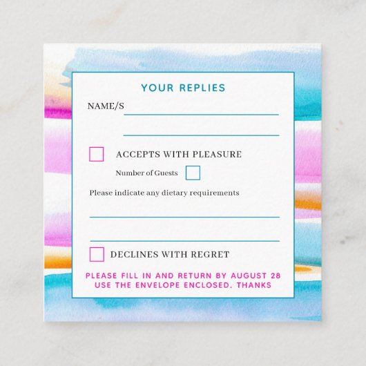 抽象芸術潮線ピンクブルー結婚の返信カード エンクロージャーカード (裏面)