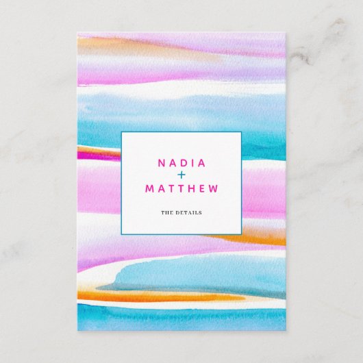 抽象芸術潮線ピンクブルー結婚のQRコード エンクロージャーカード (正面)