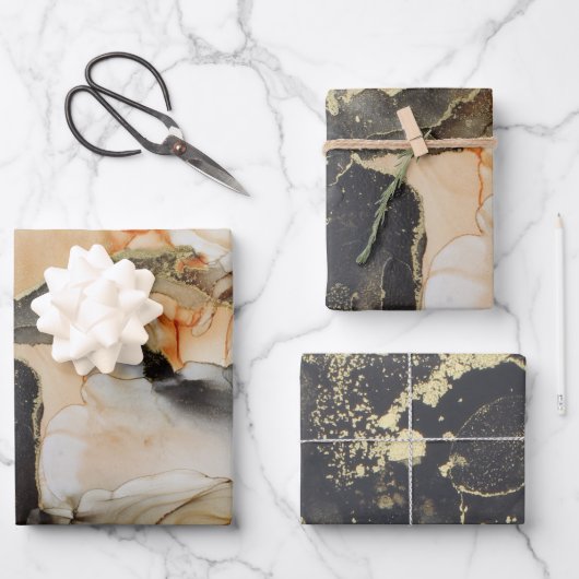 抽象芸術濃淡黒色金ゴールドアルコールインク ラッピングペーパーシート (正面)