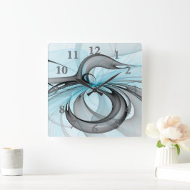 抽象芸術無煙炭グレイモダンブルーフラクタルアート スクエア壁時計