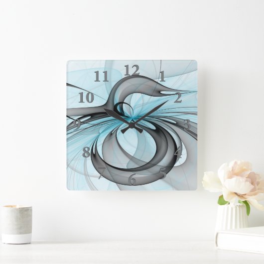 抽象芸術無煙炭グレイモダンブルーフラクタルアート スクエア壁時計 (ホーム)