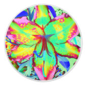 抽象芸術熱帯フローラピンク緑のユリ セラミックノブ (正面)