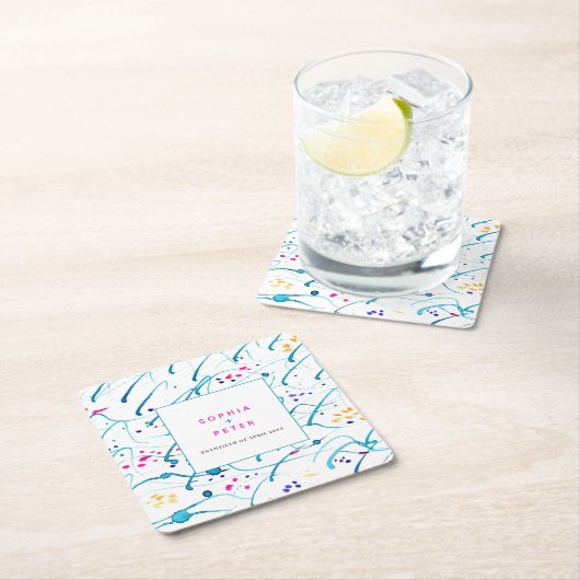 抽象芸術熱帯波ピンクアクア結婚オレンジ スクエアペーパーコースター (インサイチュ)