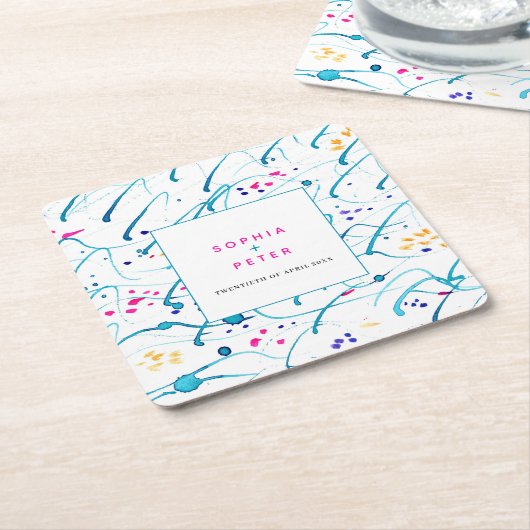 抽象芸術熱帯波ピンクアクア結婚オレンジ スクエアペーパーコースター (アングル)