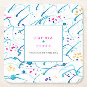 抽象芸術熱帯波ピンクアクア結婚オレンジ スクエアペーパーコースター (正面)