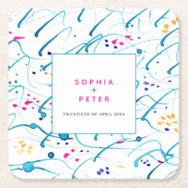 抽象芸術熱帯波ピンクアクア結婚オレンジ スクエアペーパーコースター