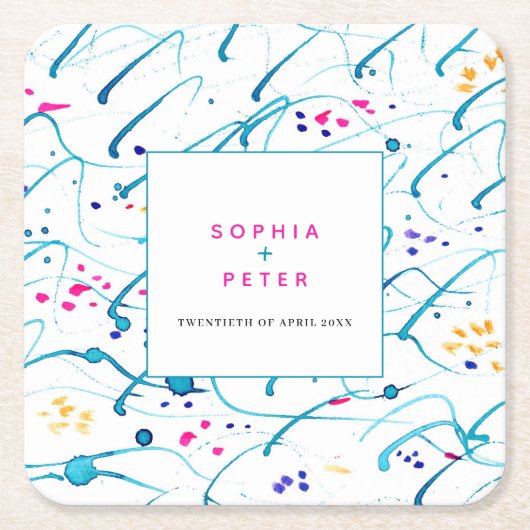 抽象芸術熱帯波ピンクアクア結婚オレンジ スクエアペーパーコースター (正面)