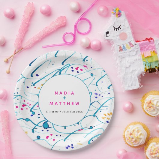 抽象芸術熱帯波ピンクアクア結婚オレンジ ペーパープレート (パーティー)