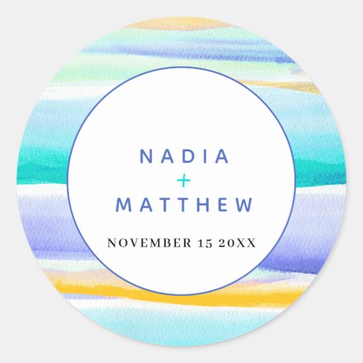 抽象芸術熱帯潮汐ブルーアクアイエロ結婚ー ラウンドシール (正面)
